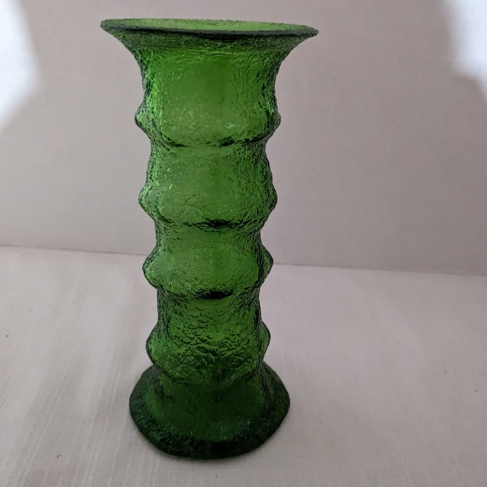 Green hand blown glass vase crackle finish ribbed 7" MCM